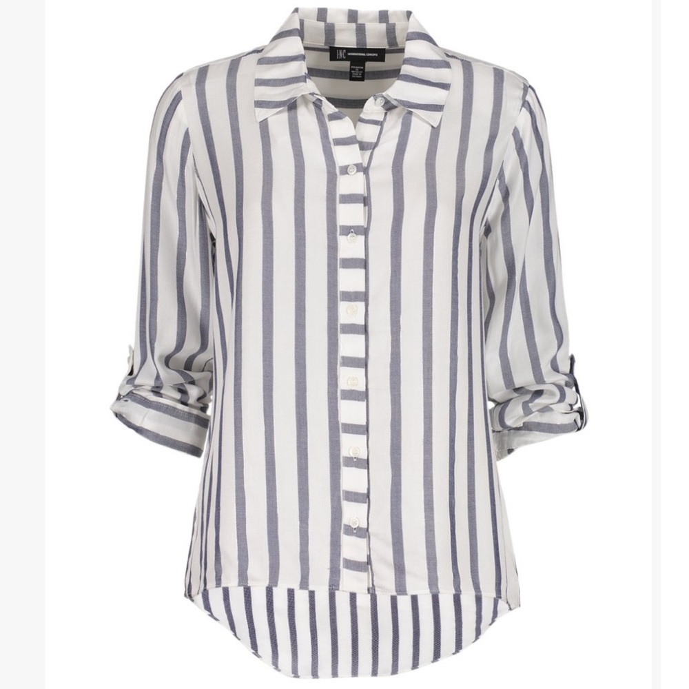 INC White Metallic Button-Up Tunic, Size L